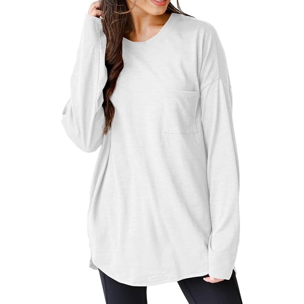 Women Oversized Cotton Long Sleeve T-Shirt with Pocket Casual Tunic Top